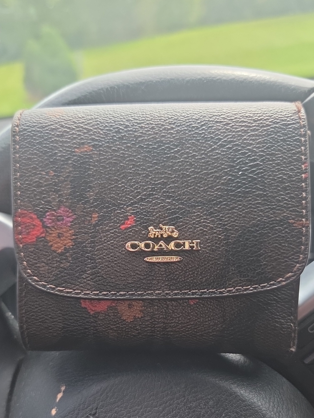 Coach Brown Floral Print Compact Wallet with Gold Logo **project Piece**